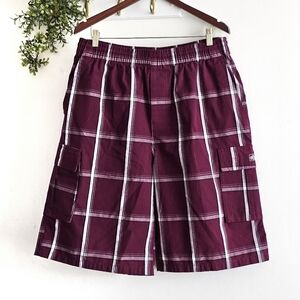 Shaka Wear Plaid Cargo Shorts XL Burgundy Elastic Waist Drawstring Streetwear